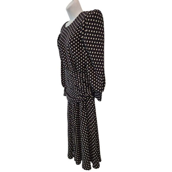 Vintage 80s Navy Blue White Polka Dot Long Midi Dress S Blouson Drop Waist - Picture 5 of 7